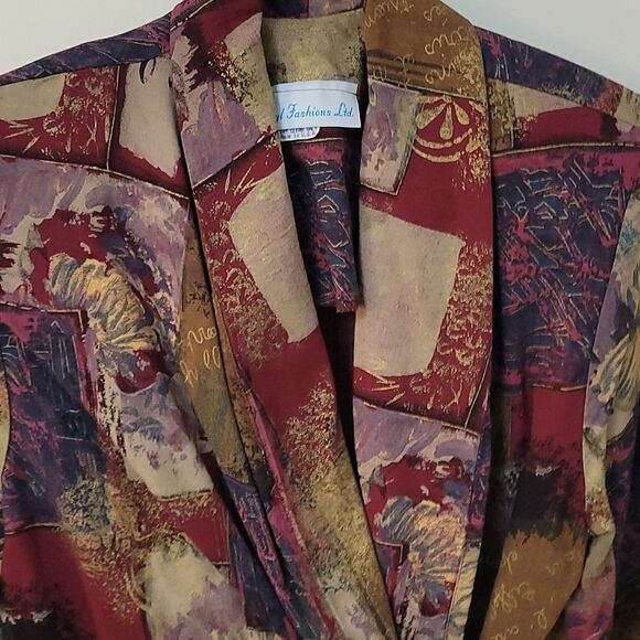 VTG 1990s MERYL FASHIONS LTD Oxblood buckle floral patchwork surplice shacket - Picture 4 of 9